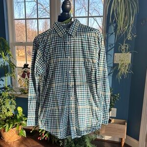 Haggar Stretch Poplin Teal and Blue Plaid Shirt